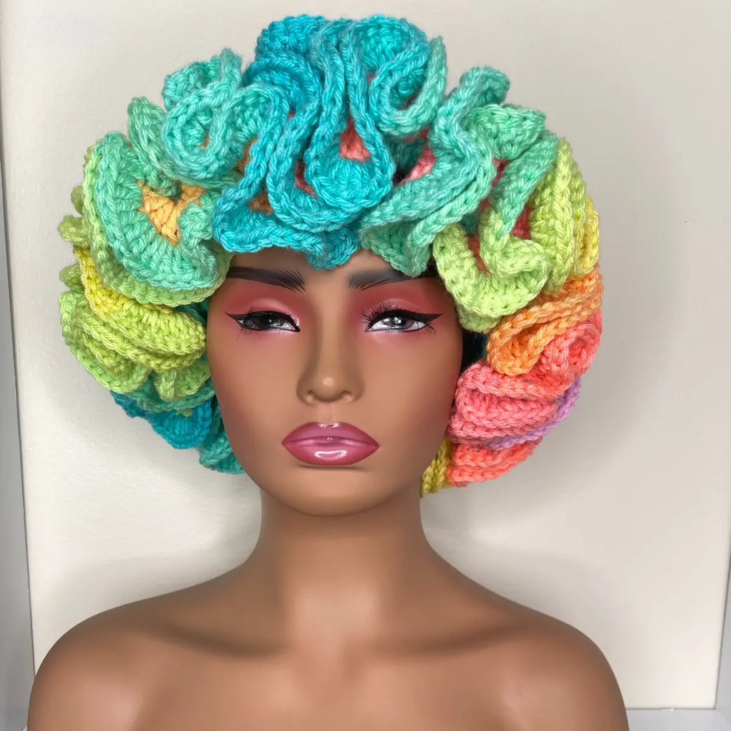 Rainbow Crochet Ruffle Hat
