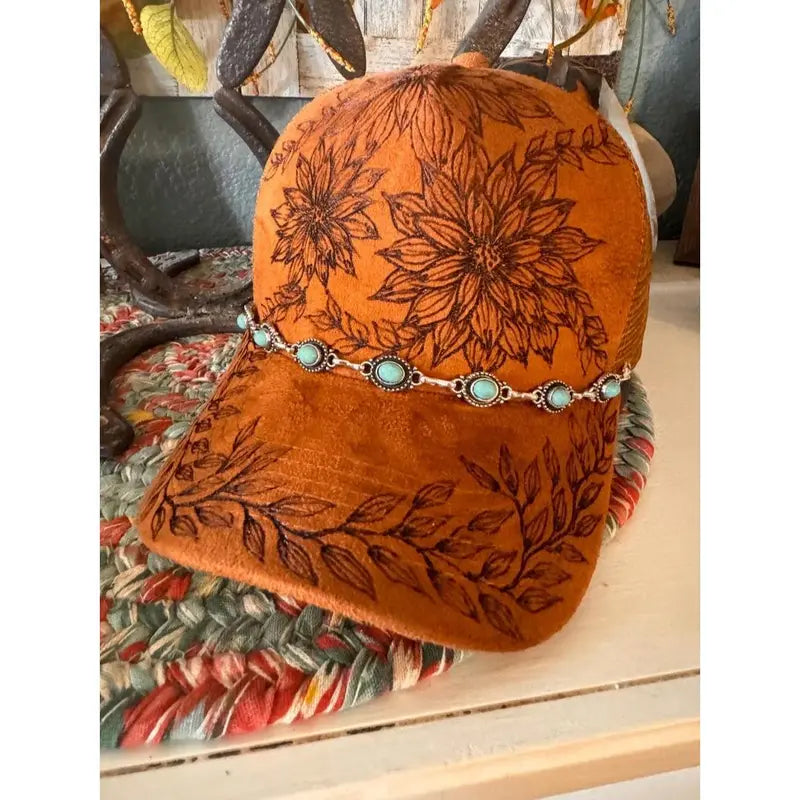 Tan Suede Cap With Burned Sunflower Design