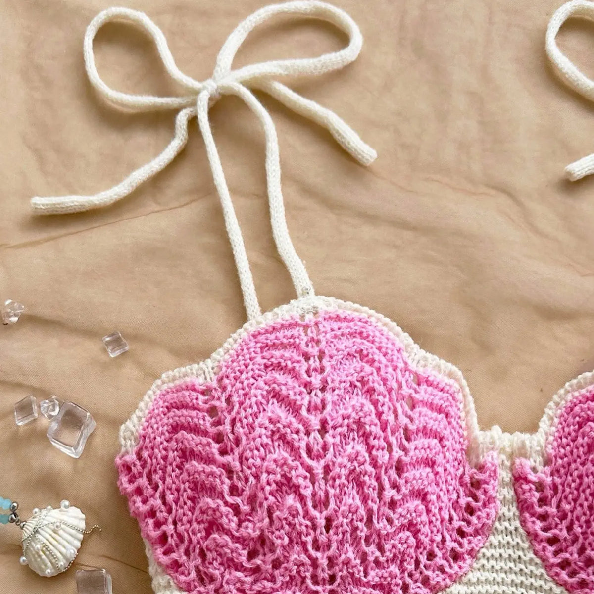 Crochet Halter Mini Dress with Pink Ruffle Hem