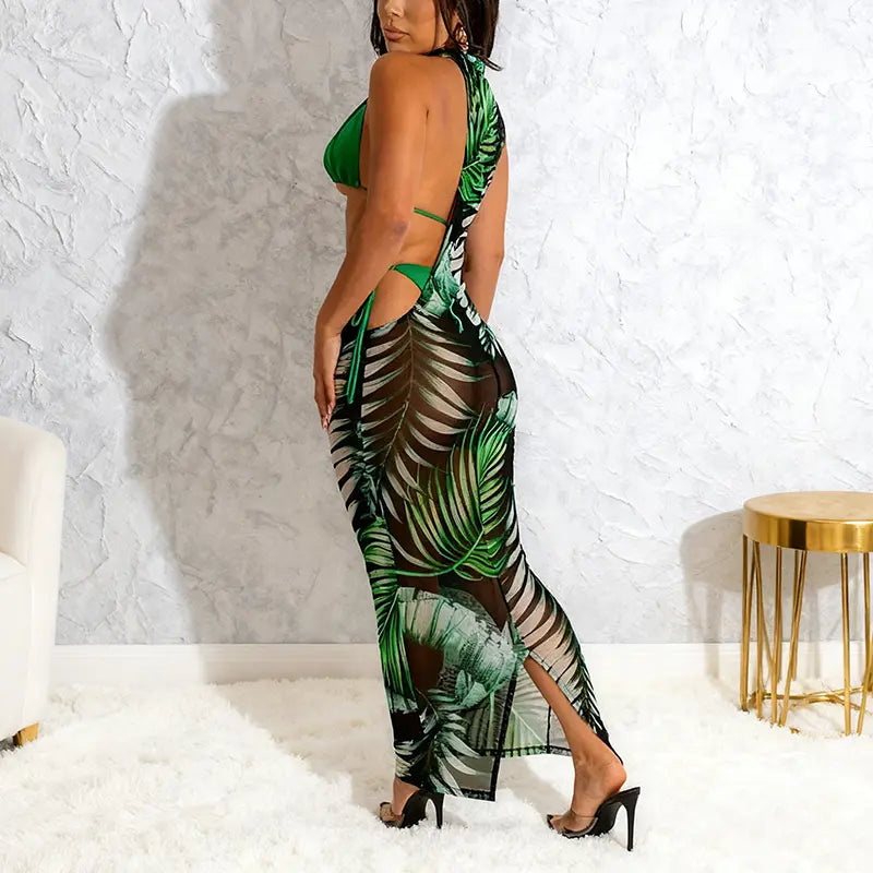 Green Palm Print Bikini with Sheer Maxi Cover-Up