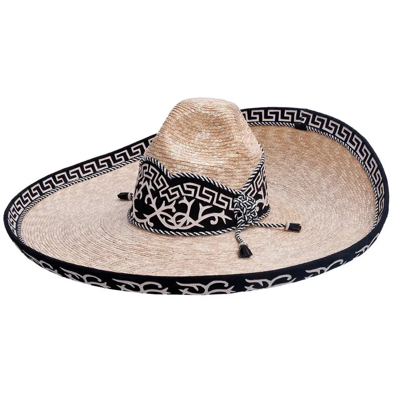 Wide Brim Woven Palm Hat with Brown Embroidery