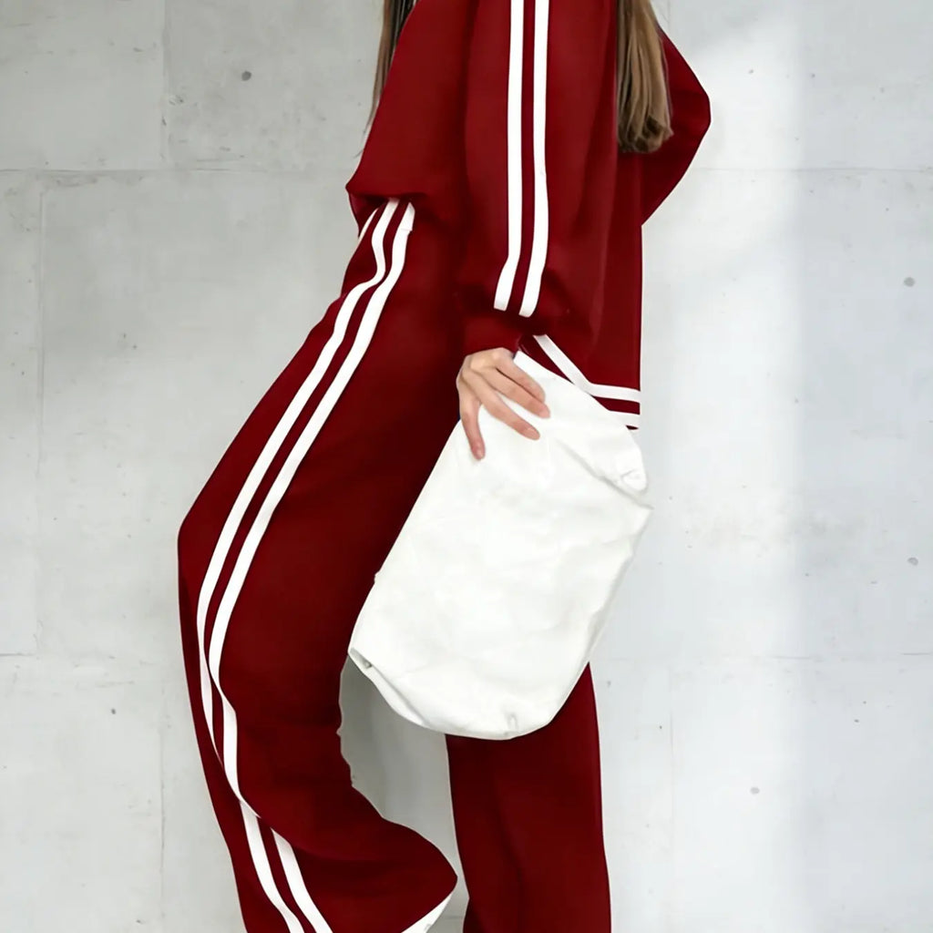 Charcoal V-Neck Top and Striped Wide-Leg Pants Set