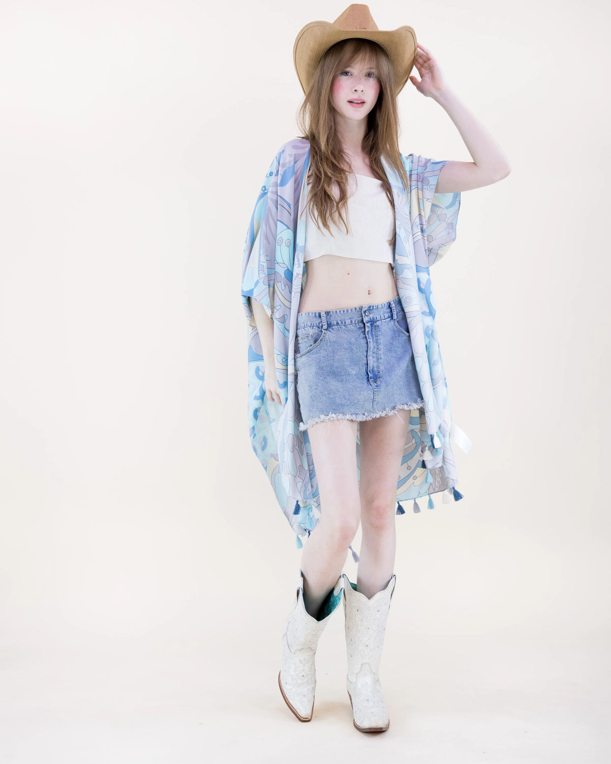 Pastel Printed Open-Front Kimono Cover-Up with Tassels