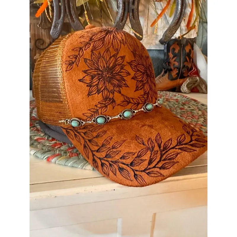Tan Suede Cap With Burned Sunflower Design