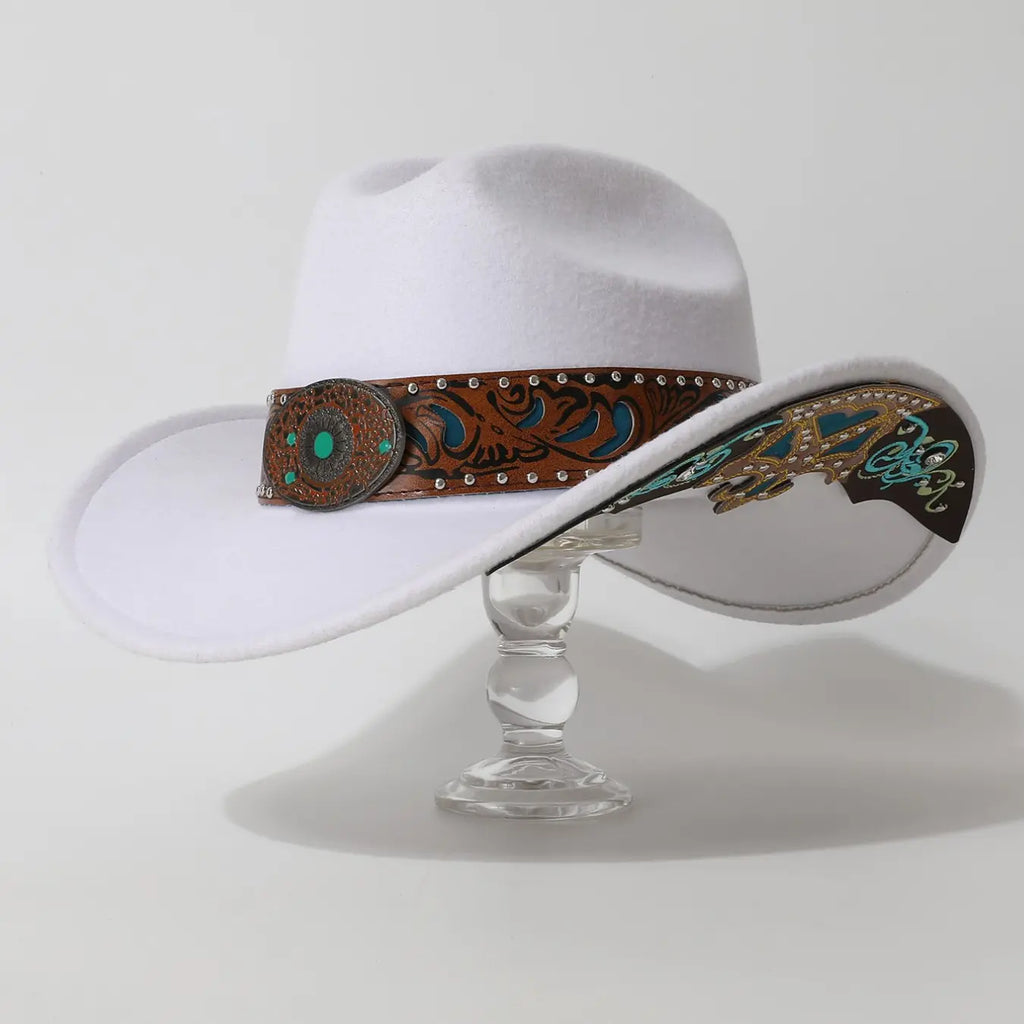Brown Felt Wide-Brim Hat with Embroidered Band