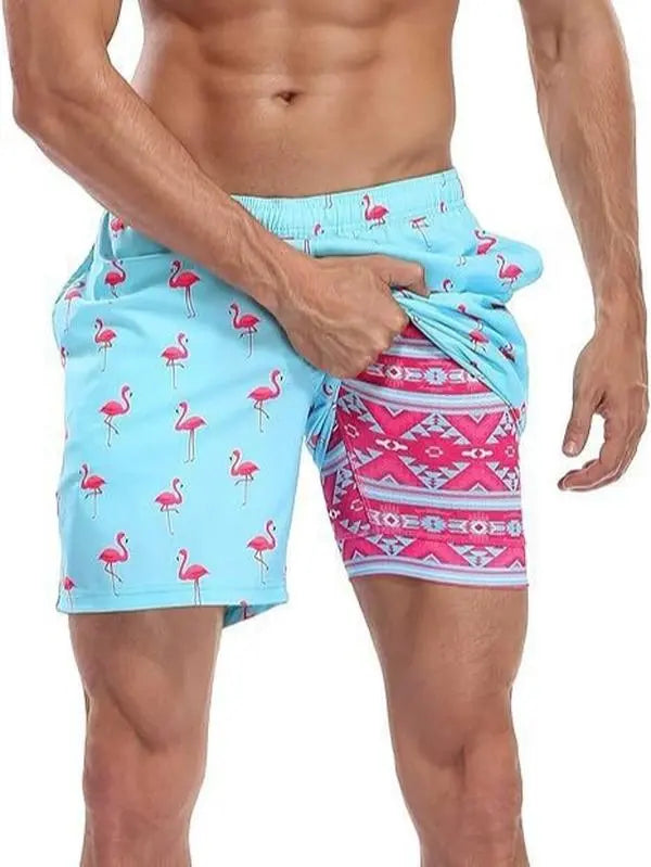 Light Blue Flamingo Print Swim Trunks