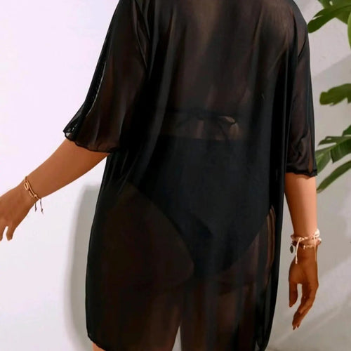 Black Sheer Mesh Beach Cover-Up Tunic