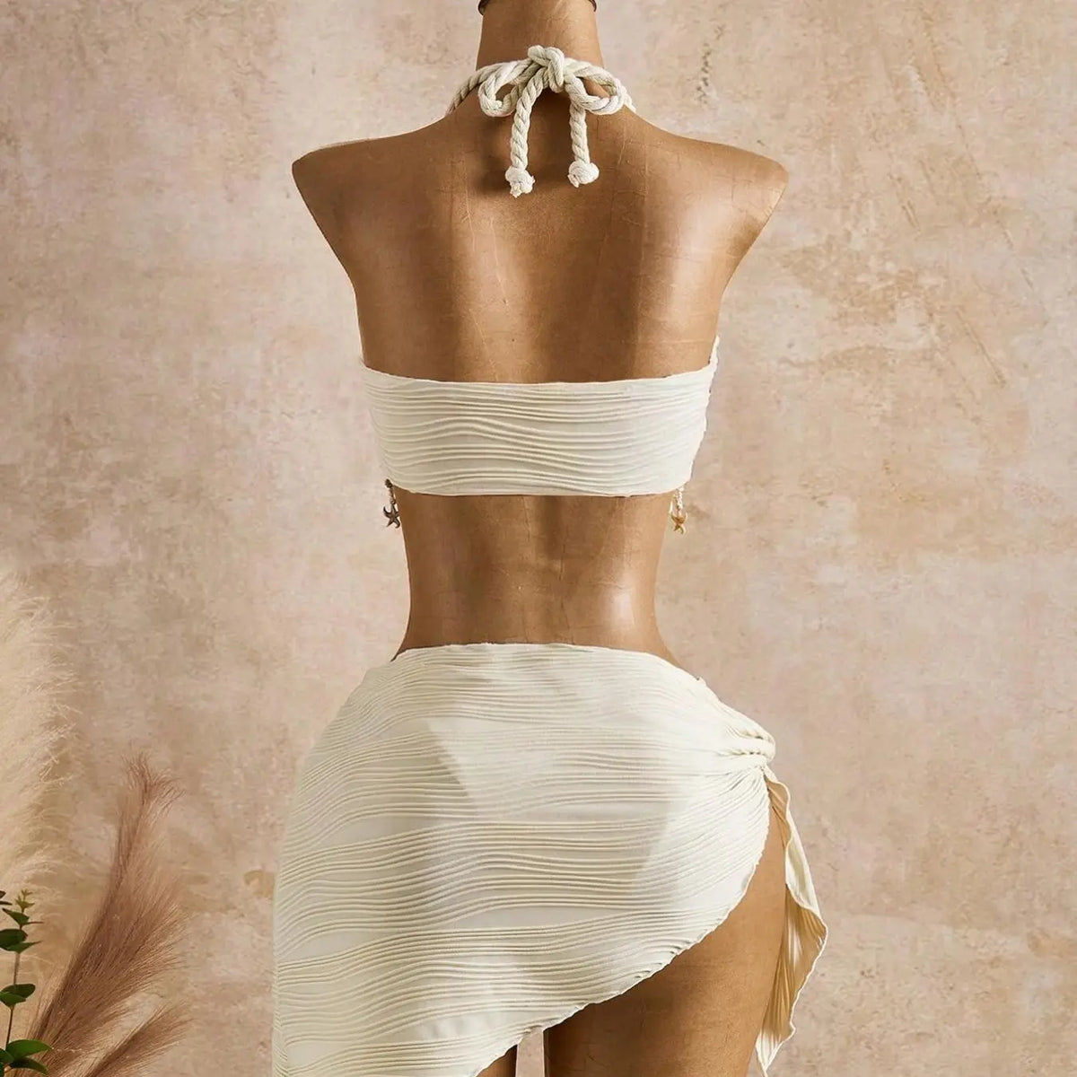 Cream Pleated Bikini with Shell Trim Wrap