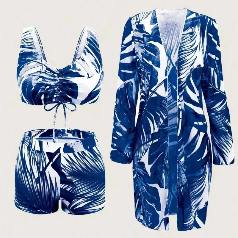 Three-Piece Leaf Print Swimwear Set with Cover-Up