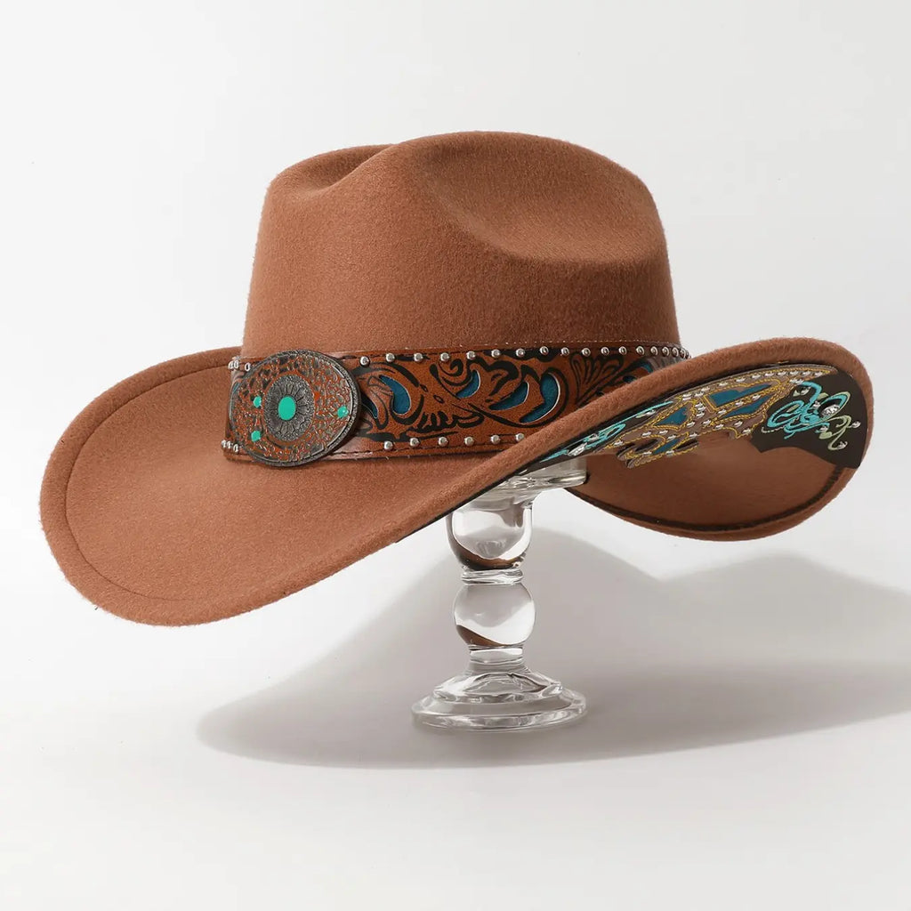 Brown Felt Wide-Brim Hat with Embroidered Band