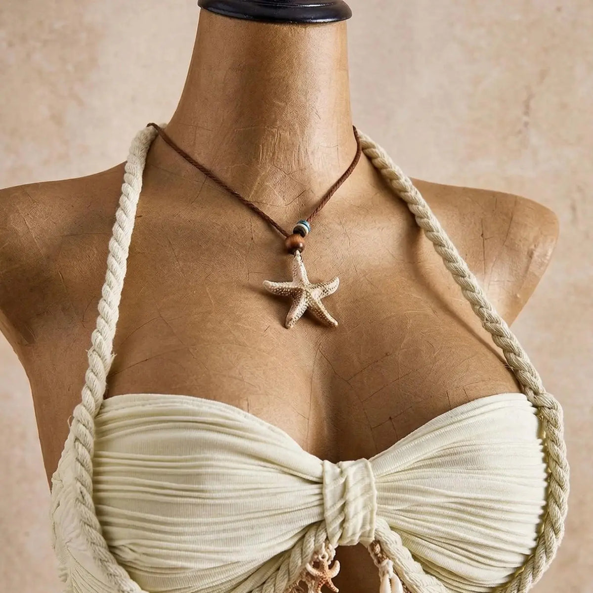 Cream Pleated Bikini with Shell Trim Wrap
