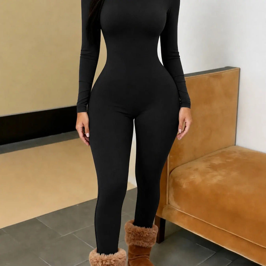 Black Long-Sleeve Turtleneck Fitted Jumpsuit