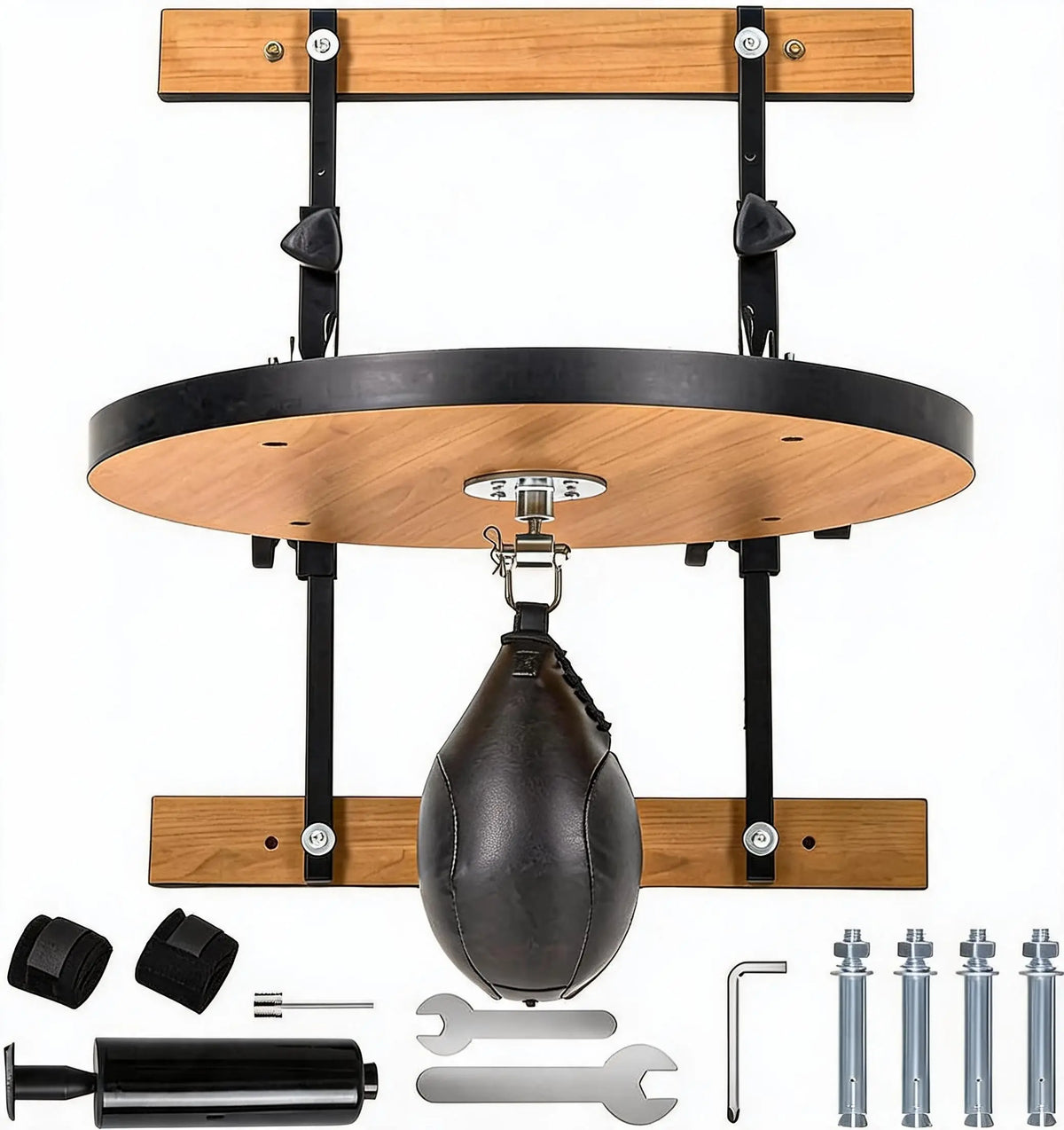 Round Wooden Speed Bag Platform With Leather Bag