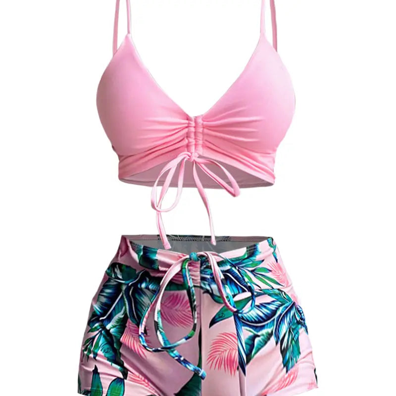 Pink Leaf Print Swim Set With Matching Shirt