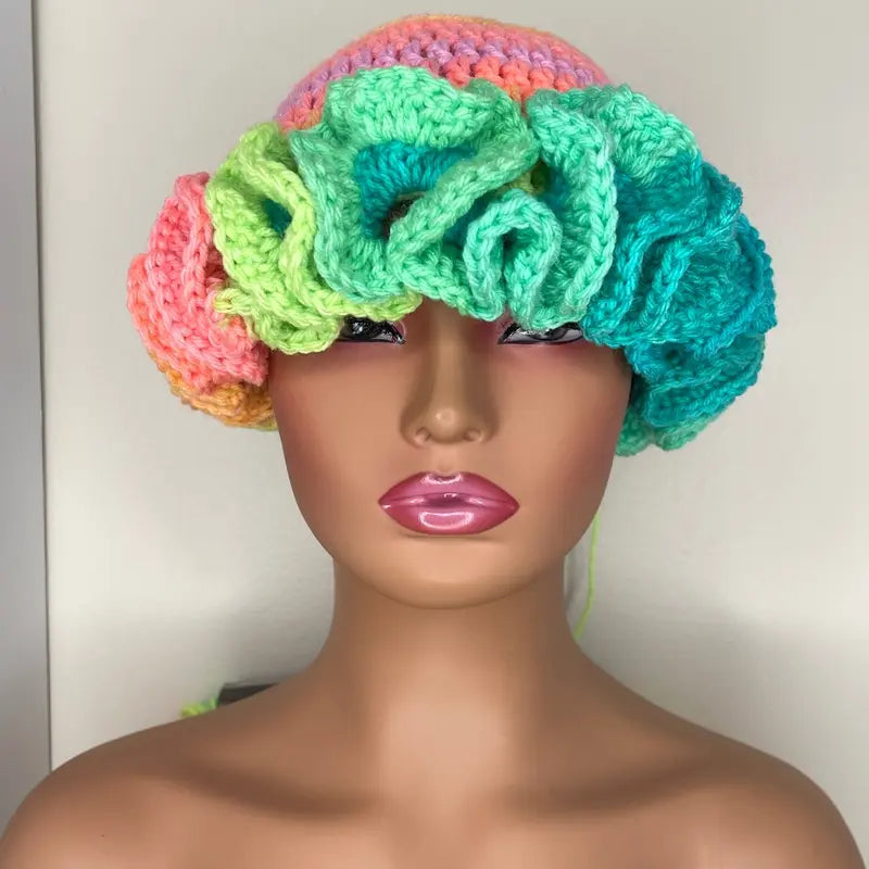 Rainbow Crochet Ruffle Hat