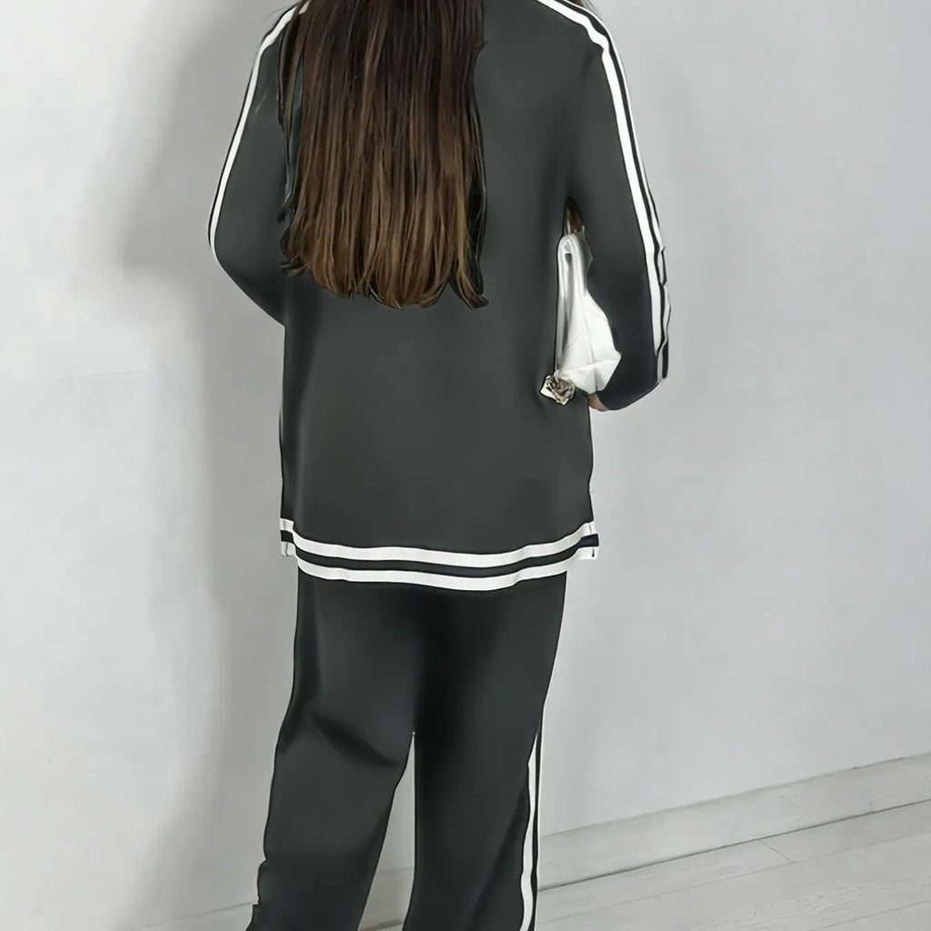 Charcoal V-Neck Top and Striped Wide-Leg Pants Set