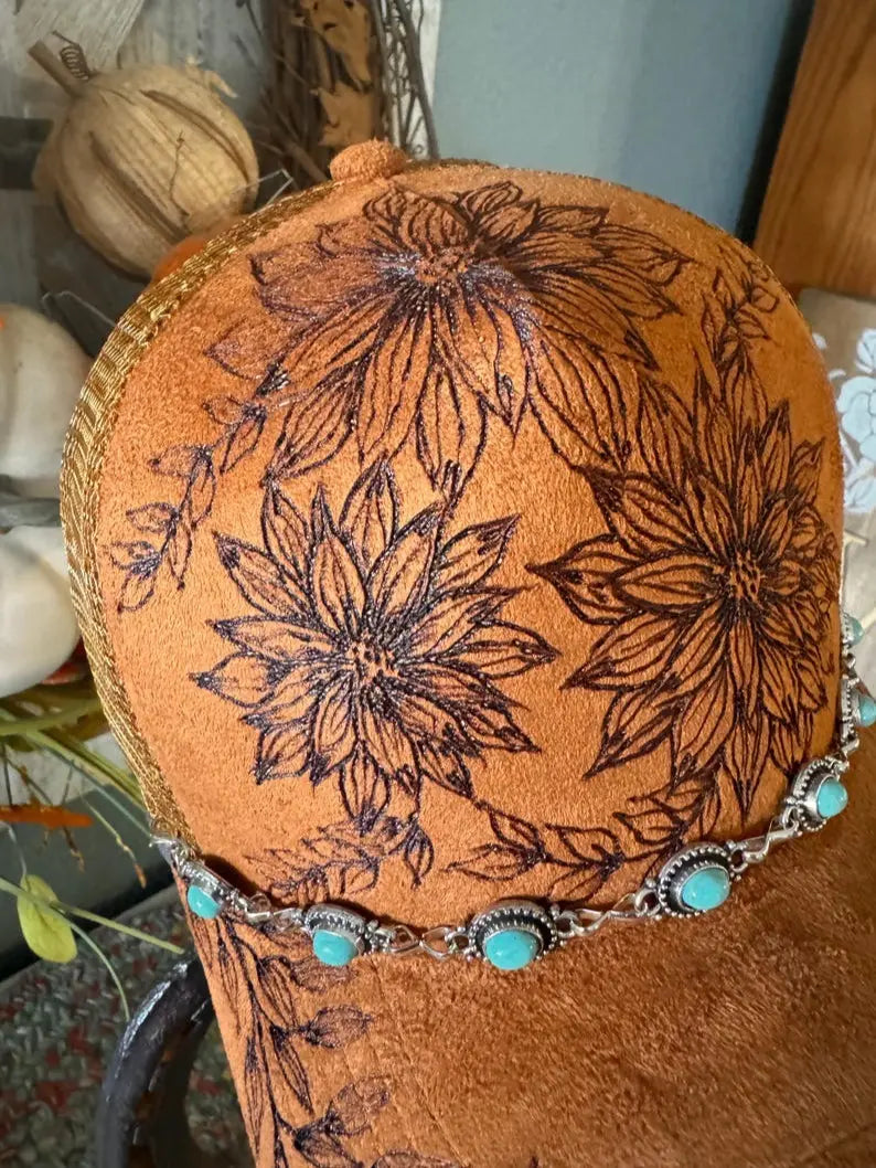 Tan Suede Cap With Burned Sunflower Design
