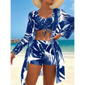 Three-Piece Leaf Print Swimwear Set with Cover-Up
