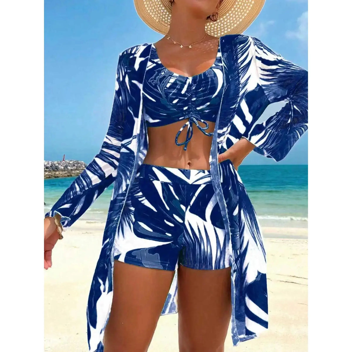Three-Piece Leaf Print Swimwear Set with Cover-Up