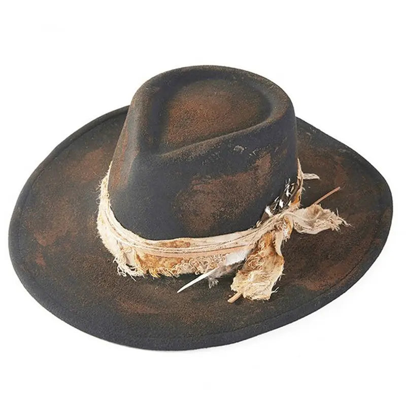 Distressed Black Wide-Brim Western Hat with Feather