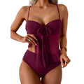 Burgundy Two-Piece Swimsuit with Mesh Tie Top