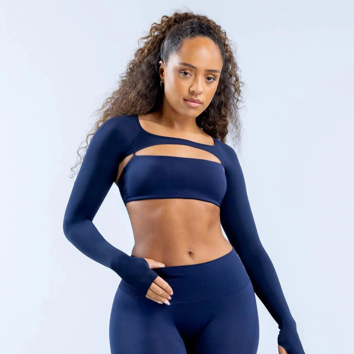 Navy Long Sleeve Cropped Shrug with Thumb Holes