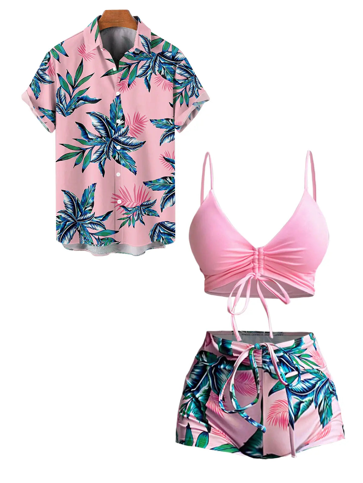 Pink Leaf Print Swim Set With Matching Shirt
