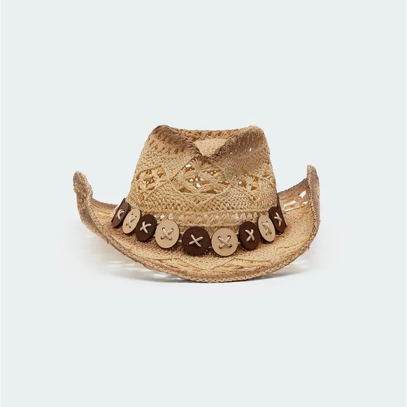 Woven Straw Cowboy Hat with Wooden Buttons