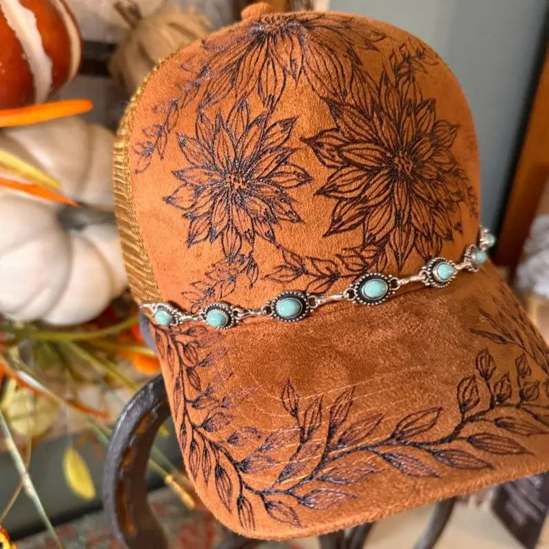 Tan Suede Cap With Burned Sunflower Design
