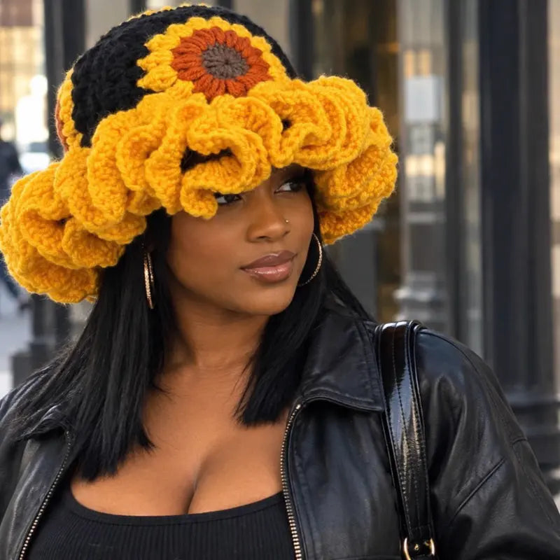 Crochet Sunflower Hat With Ruffled Yellow Brim