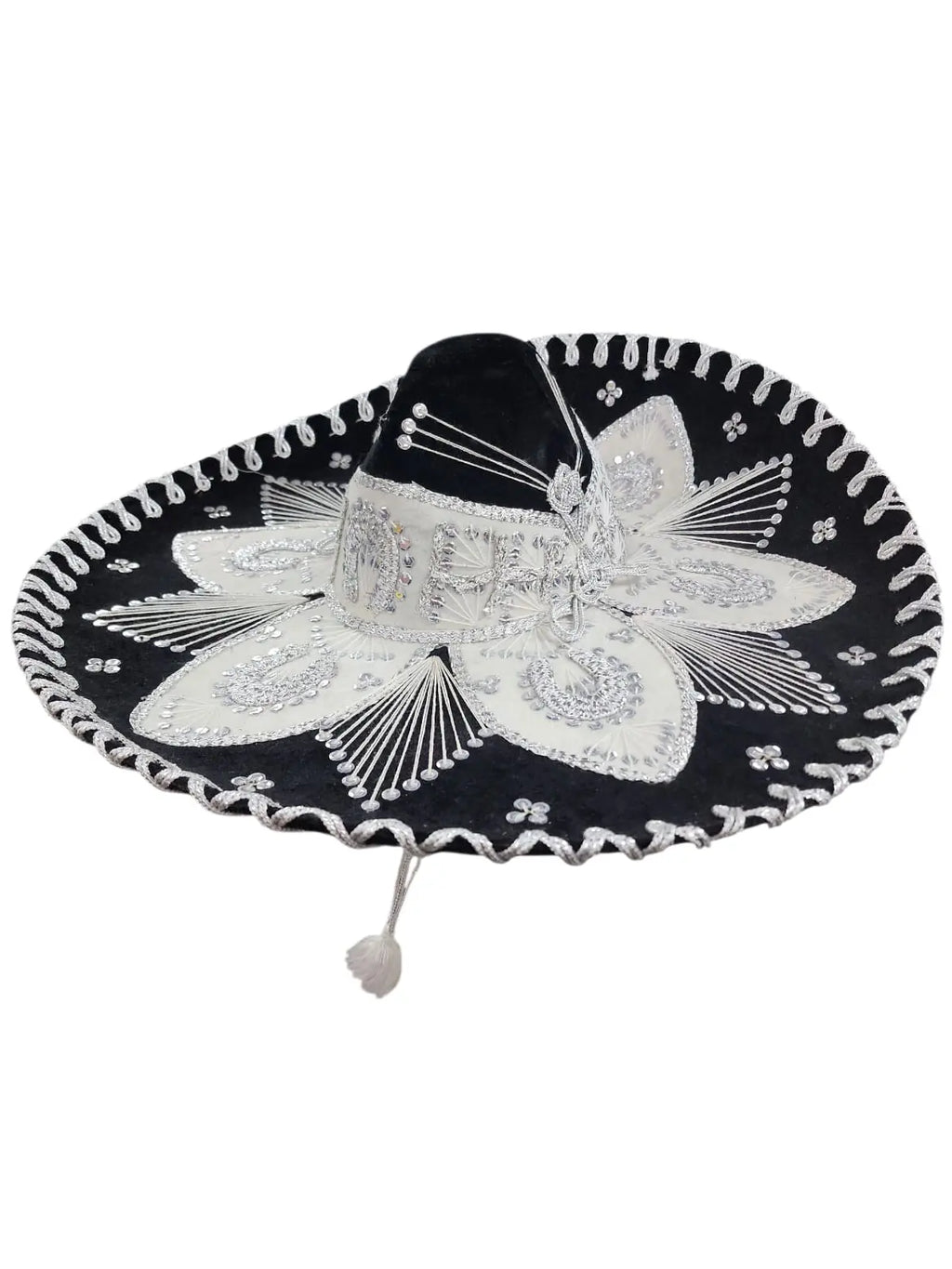 Black Wide-Brim Hat with Silver Embroidery