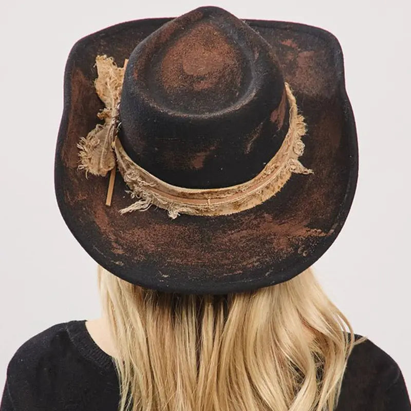 Distressed Black Wide-Brim Western Hat with Feather