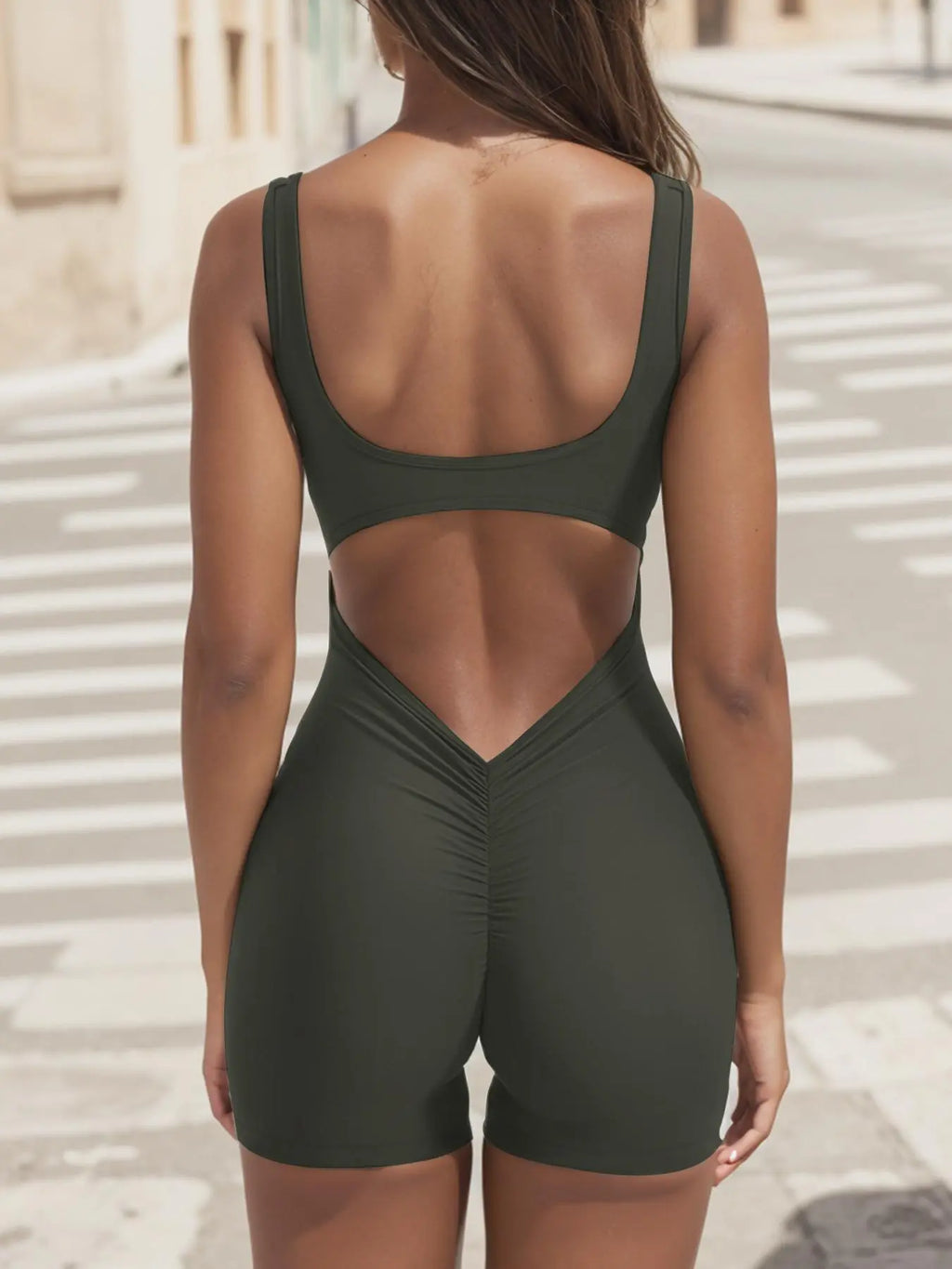 Olive Green Backless Ruched Short Bodysuit