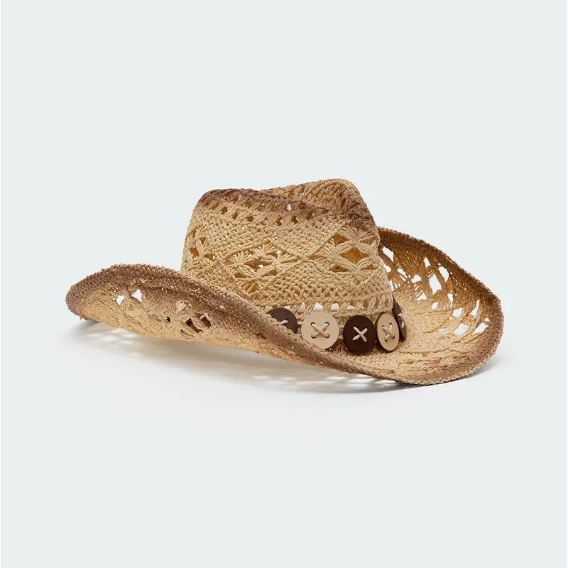 Woven Straw Cowboy Hat with Wooden Buttons