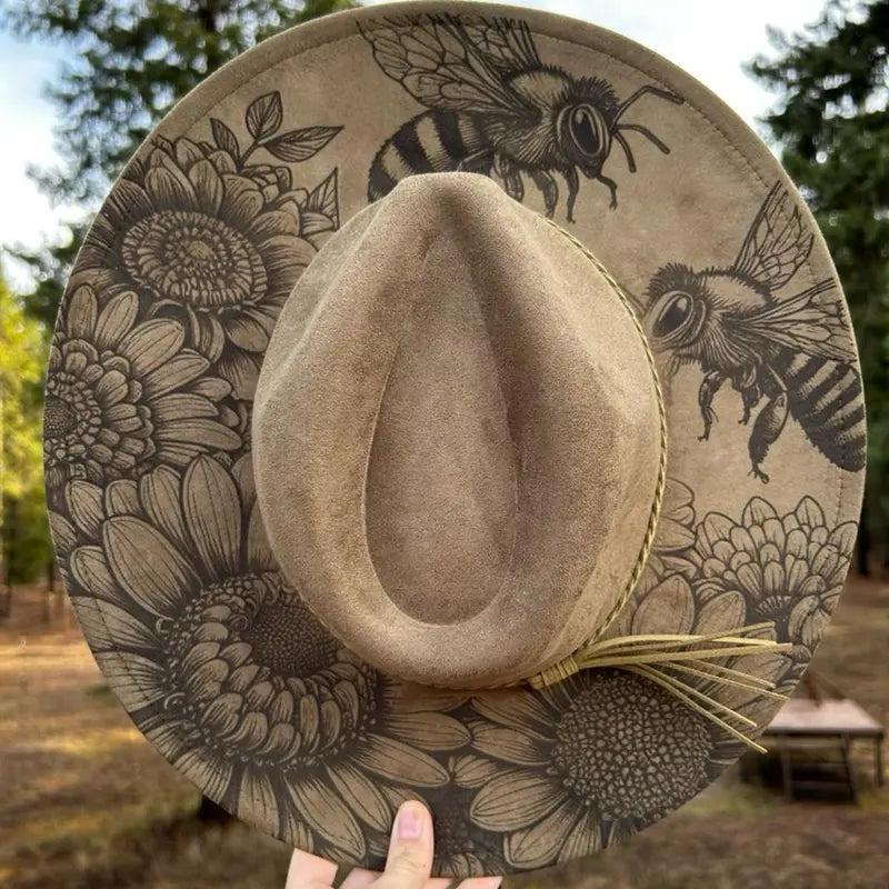 Tan Wide Brim Hat with Engraved Sunflowers