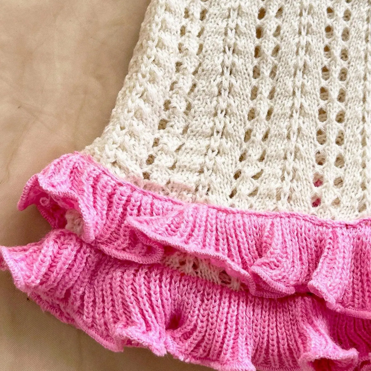 Crochet Halter Mini Dress with Pink Ruffle Hem
