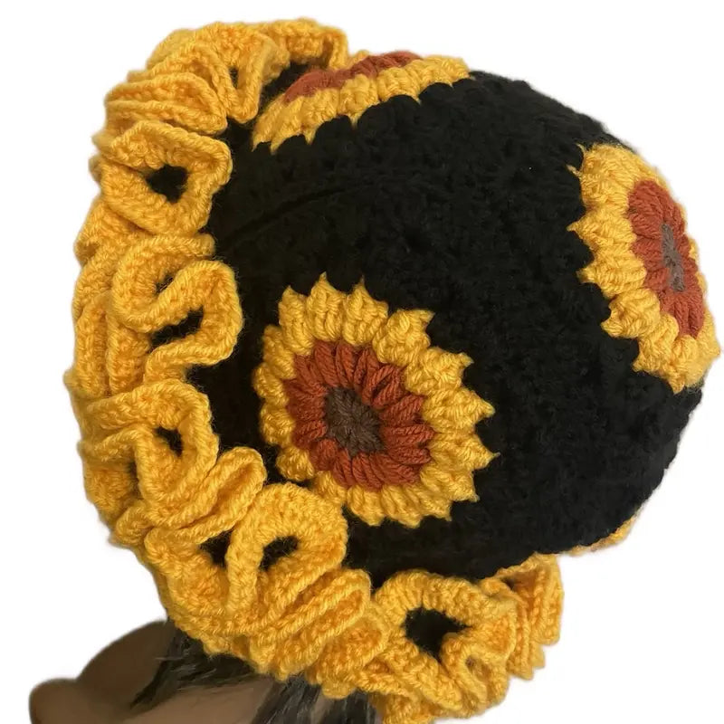 Crochet Sunflower Hat With Ruffled Yellow Brim