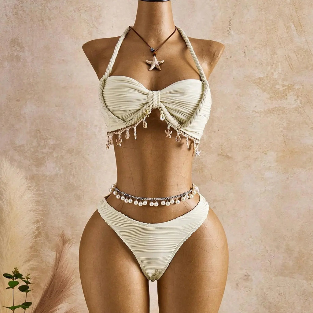 Cream Pleated Bikini with Shell Trim Wrap