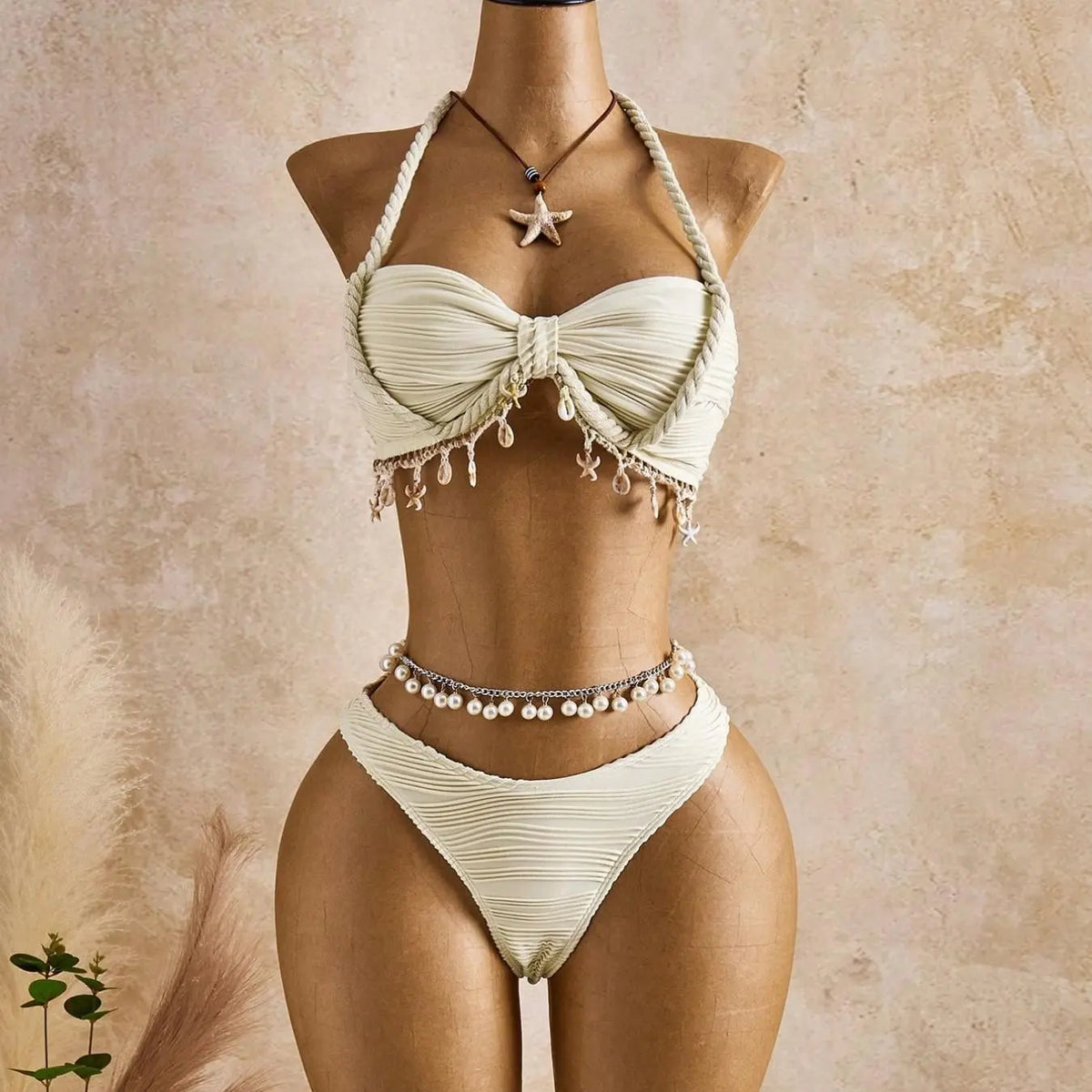 Cream Pleated Bikini with Shell Trim Wrap