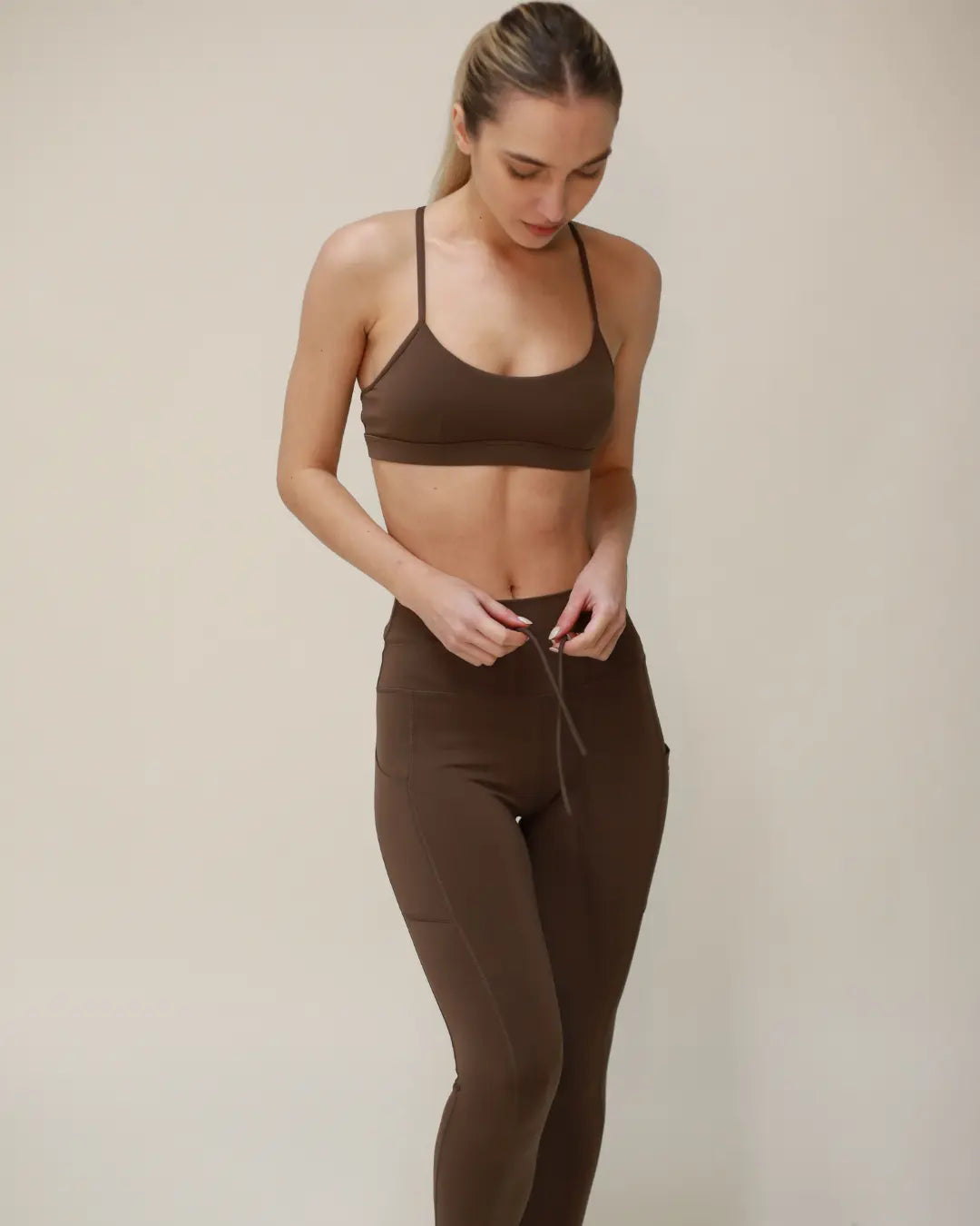 Brown High-Rise Leggings with Tie Waist and Pockets