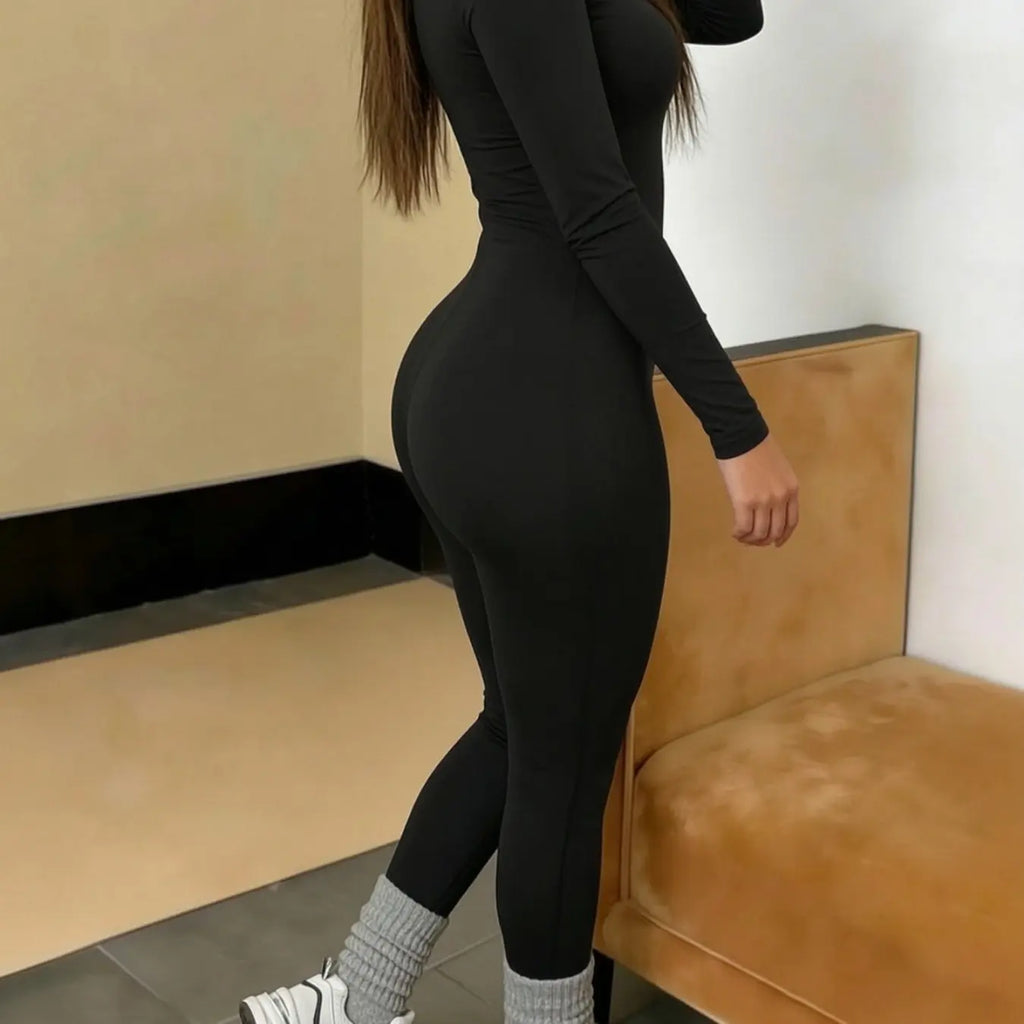 Black Long-Sleeve Turtleneck Fitted Jumpsuit