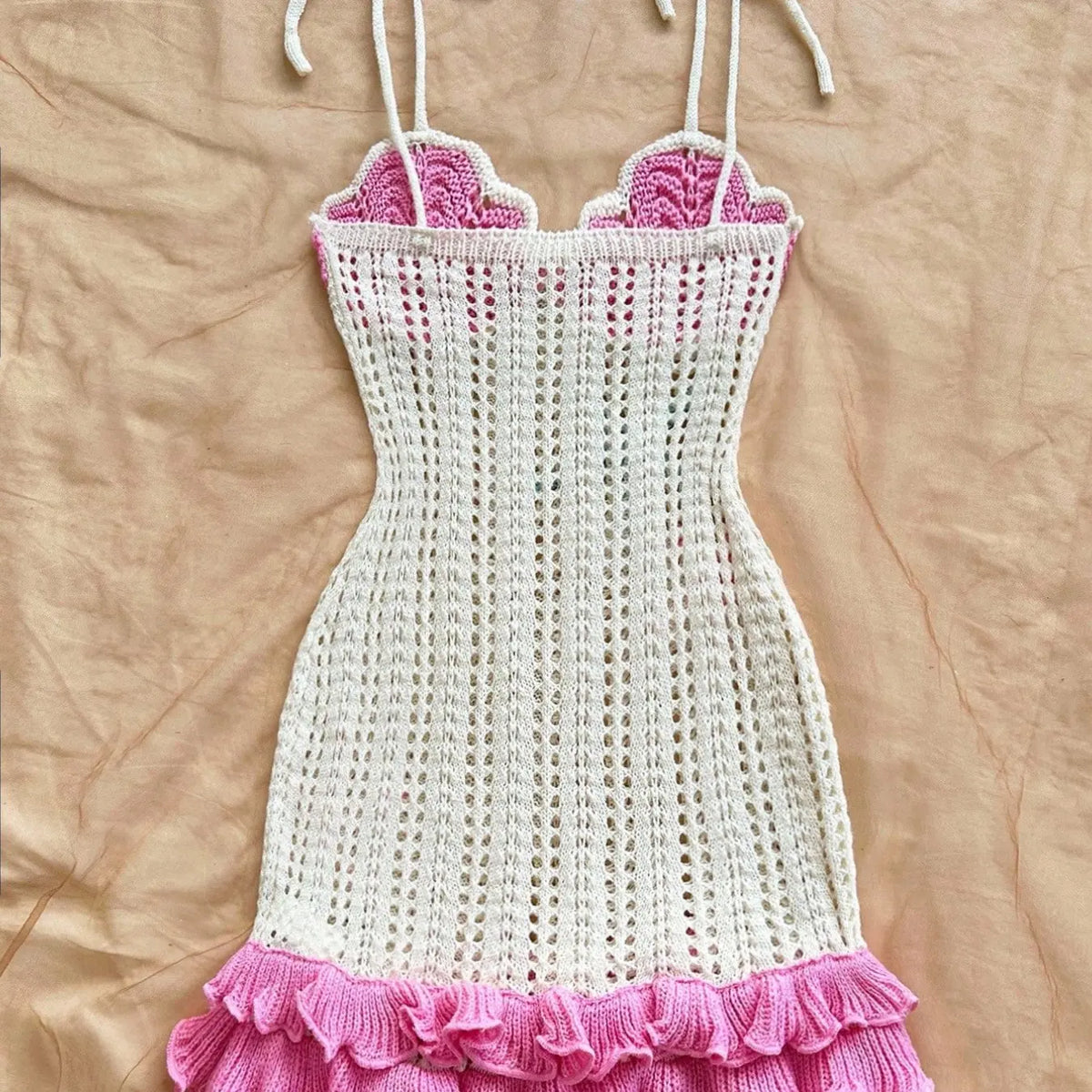 Crochet Halter Mini Dress with Pink Ruffle Hem