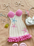 Crochet Halter Mini Dress with Pink Ruffle Hem
