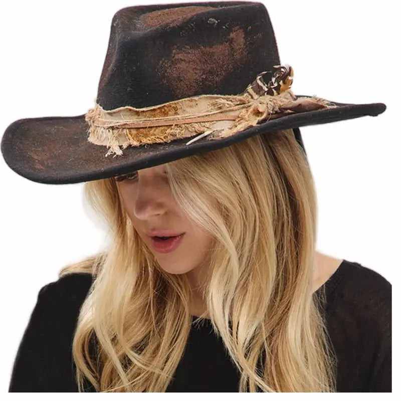 Distressed Black Wide-Brim Western Hat with Feather