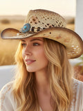 Woven Straw Cowboy Hat with Beaded Band