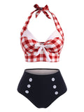 Red Gingham Halter Top and Black Buttoned Bottoms