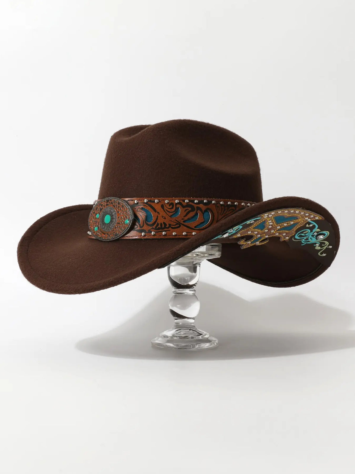 Brown Felt Wide-Brim Hat with Embroidered Band