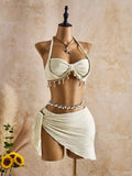 Cream Pleated Bikini with Shell Trim Wrap