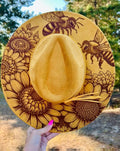 Tan Wide Brim Hat with Engraved Sunflowers