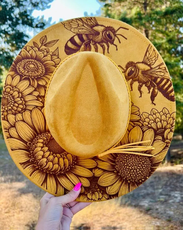 Tan Wide Brim Hat with Engraved Sunflowers